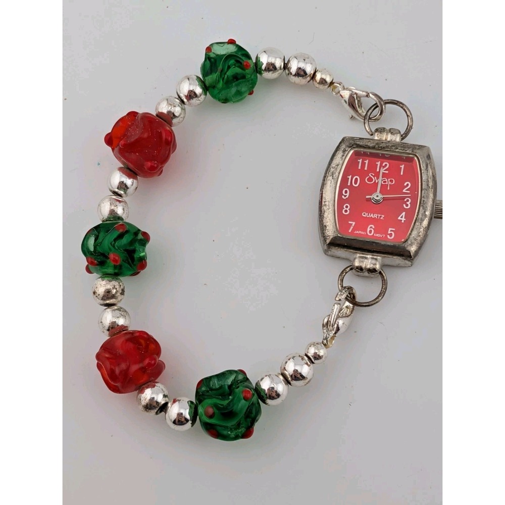 Swap Watch Women 21mm Case Red Dial Green and Red Beaded 7" Band- New Battery
